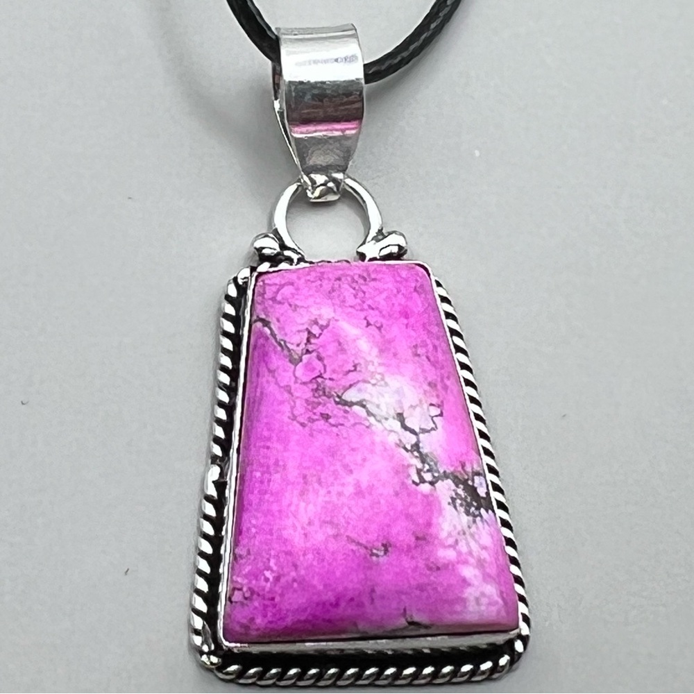 New Pink Enhanced Wild Horse Jasper Stone Silver Overlay Pendant Necklace w Cord